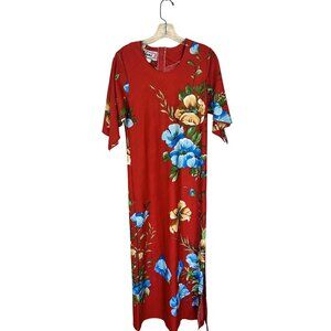 Vtg Red Floral Maxi Dress Nani Of Hawaii Short Sleeves Polyester USA Small